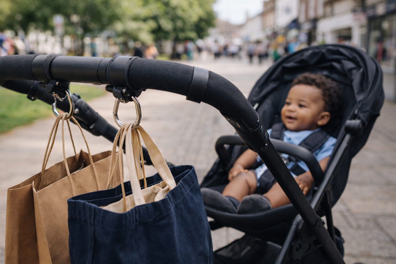 Shopping bags hanging from stroller hooks on a pushchair handlebar with a smiling baby in the seat on a UK high street