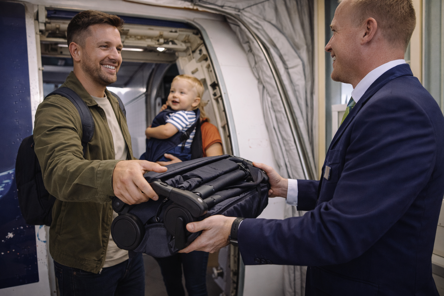 A parent handing a folded compact stroller to airline ground staff at the aircraft door for gate-checking, baby in a carrier on the other parent, airport jet bridge visible