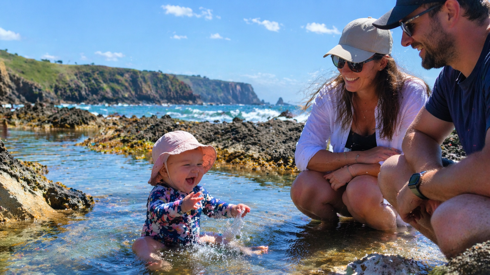 Baby in a sun hat splashing happily in a rocky coastal pool during a UK summer family holiday