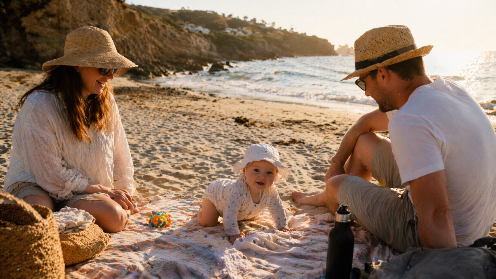 Parents sitting on a beach blanket at sunset with their baby during a UK summer holiday