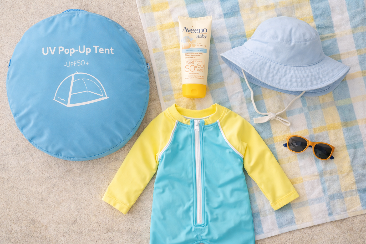 Flat-lay of baby sun protection gear including sun cream, UV suit, wide-brim hat, sunglasses, and pop-up tent bag — all laid out colourfully and practically