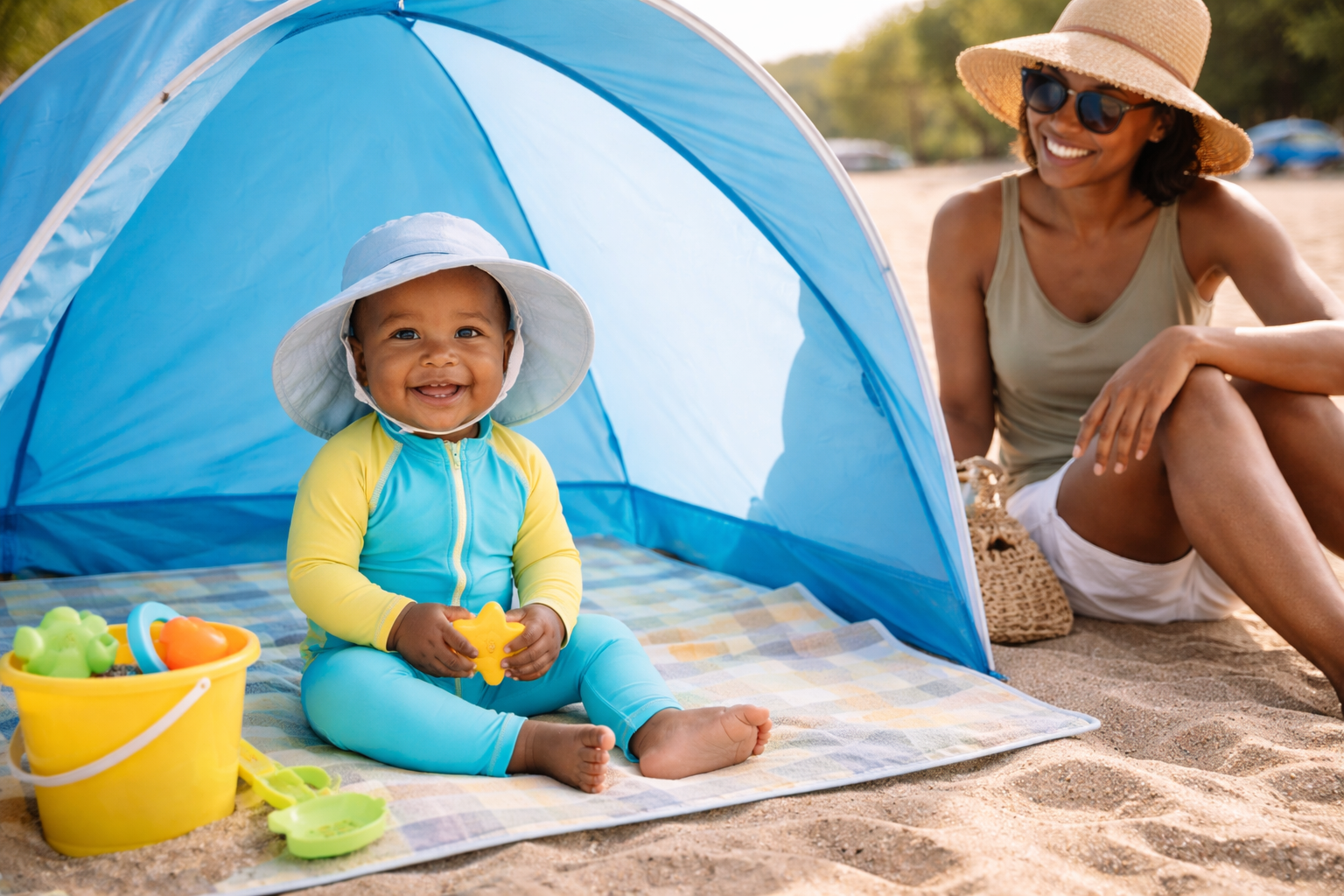 Baby on a beach wearing a full UV suit and wide-brim hat sitting in the shade of a UV pop-up tent, parent applying sun cream, turquoise sea visible behind