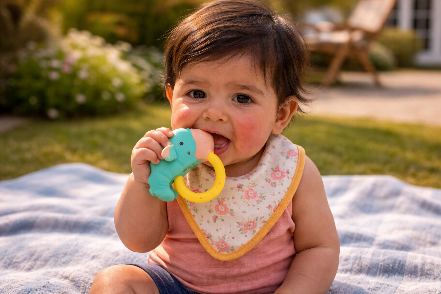 Baby with red cheeks chewing on a teething toy on a beach blanket at a holiday cottage, drool bib on, realistically grumpy but okay