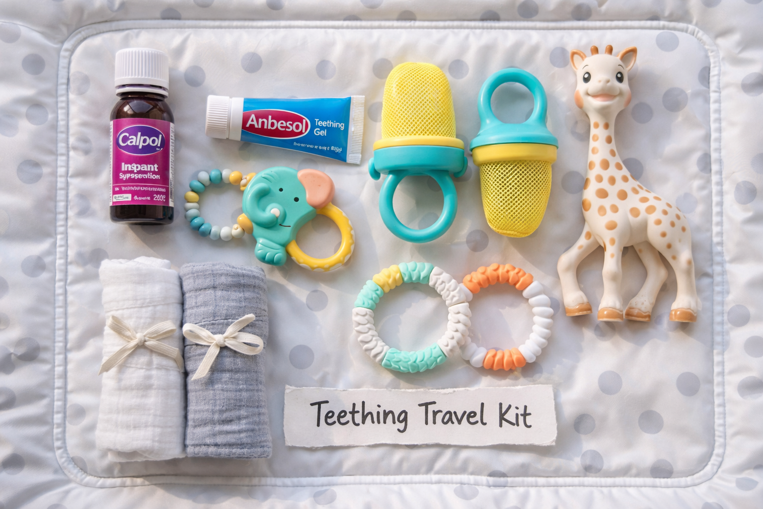 Flat-lay of a teething travel kit — Calpol, teething gel, teething rings, Sophie la Girafe, muslins, and mesh feeder arranged neatly on a changing mat