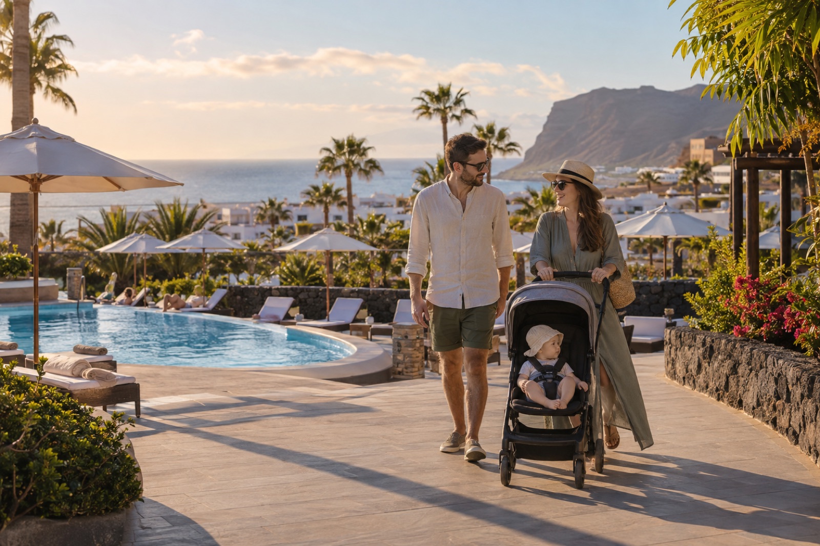 Family pushing a baby in a compact pushchair beside a shaded Tenerife resort pool