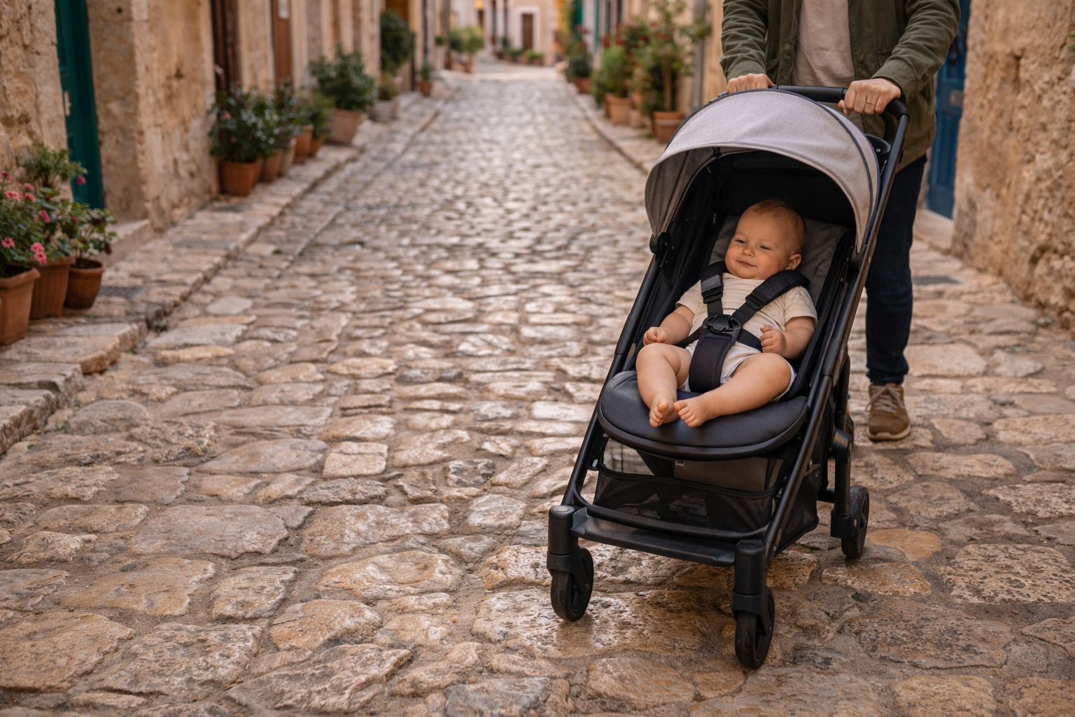 A compact travel stroller being pushed confidently along a cobblestone European old-town street, uneven stone surface clearly visible, baby sitting comfortably inside