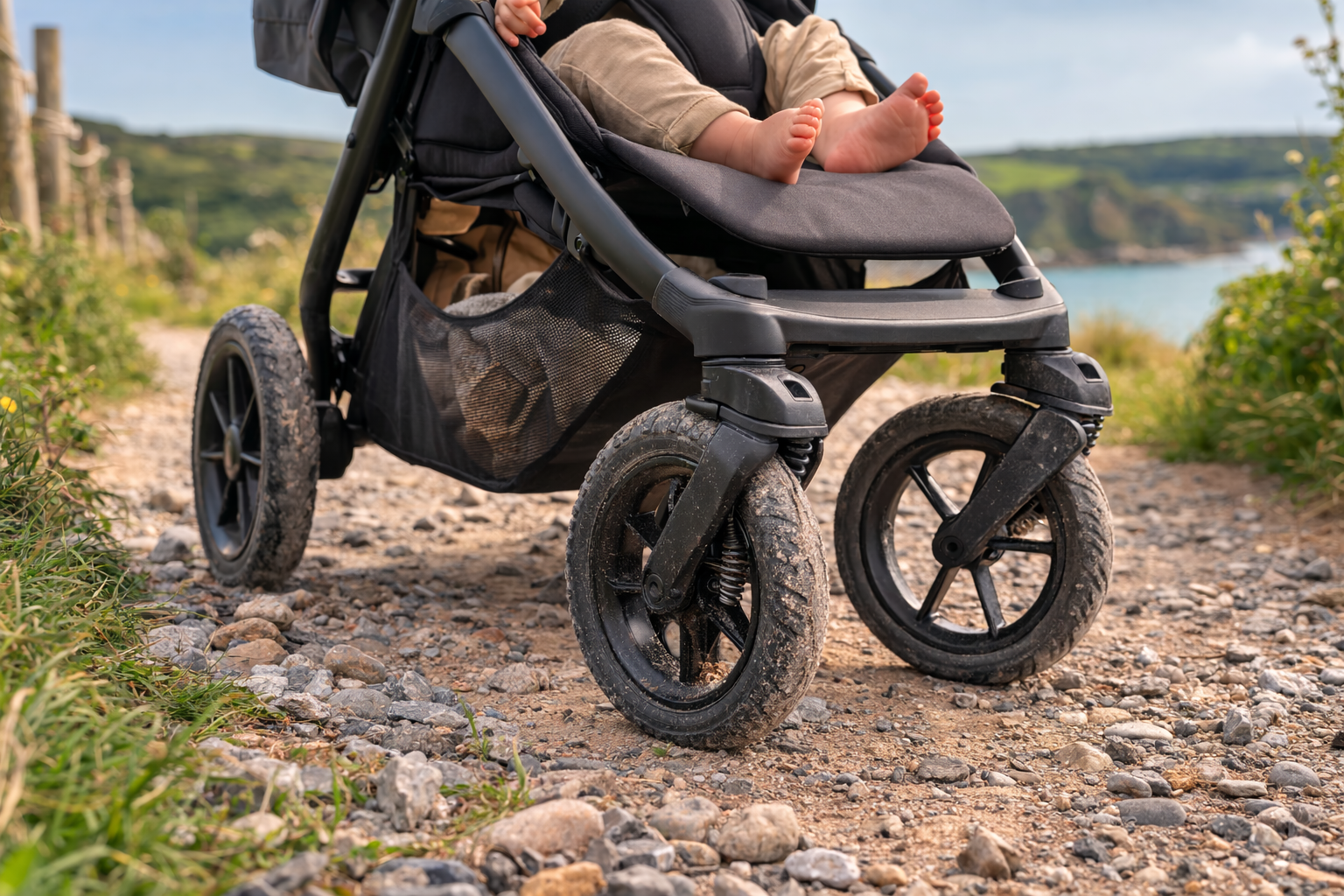 Close-up of compact stroller wheels on a gravel path in a UK coastal countryside setting, showing how foam-filled rubber wheels handle uneven ground