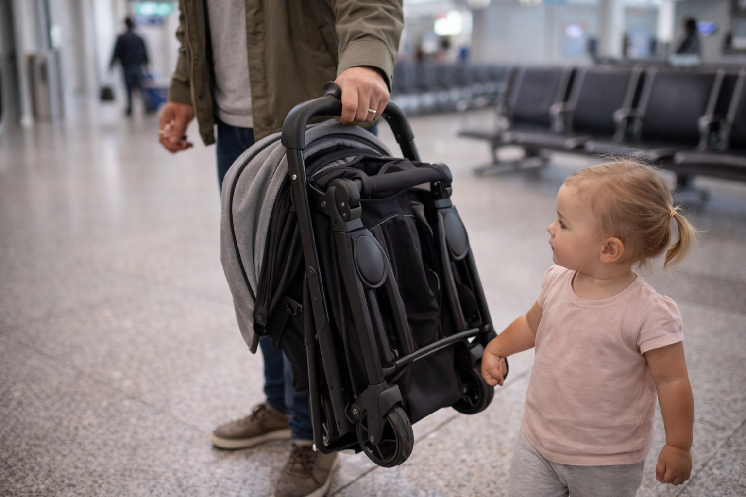 A parent folding a compact travel stroller with one hand while holding a toddler's hand in the other, airport or train station setting, showing the practical reality of folding with a toddler