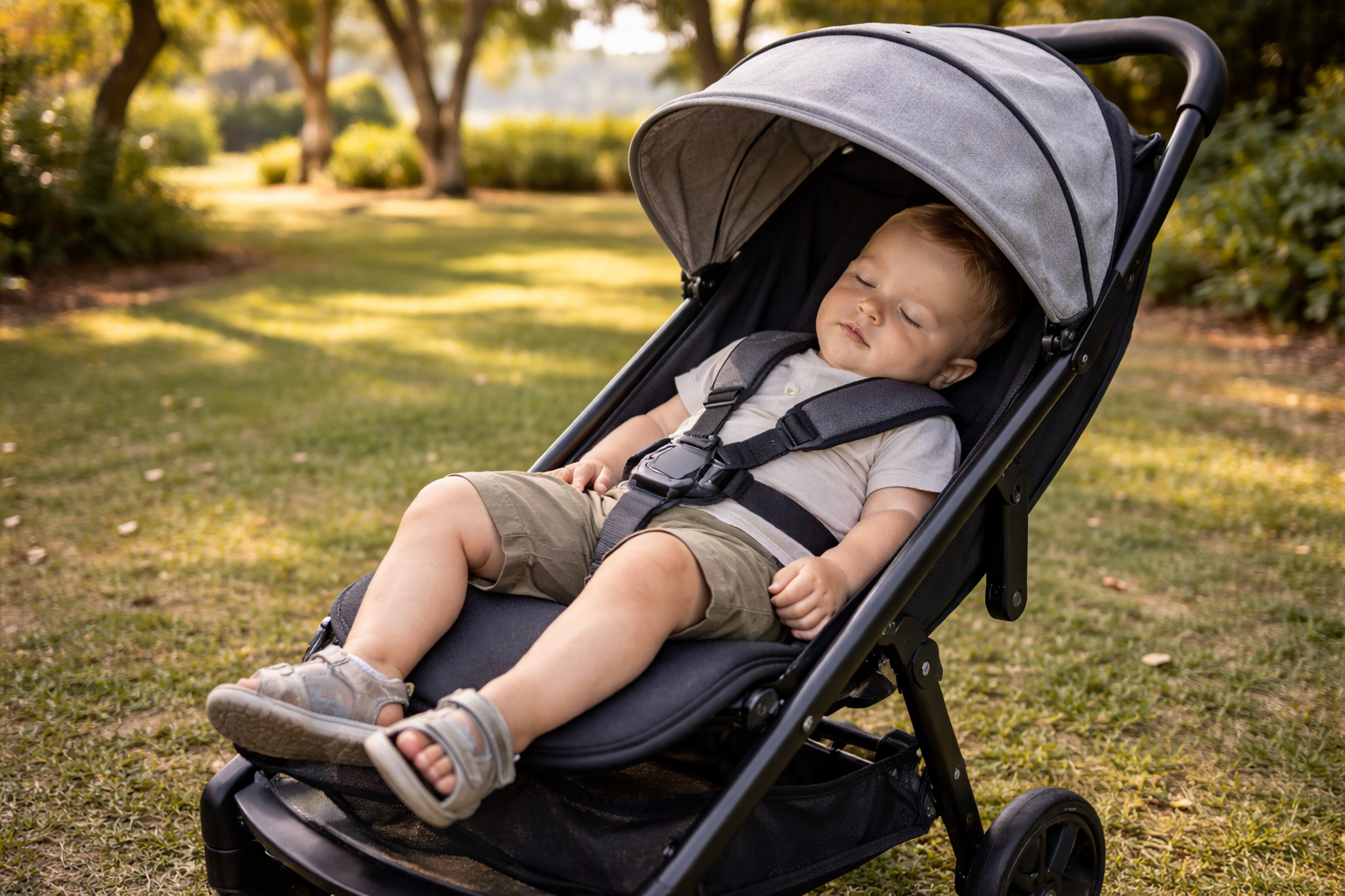 A toddler of around two years old asleep in a fully reclined travel stroller in a sunny park, fitting comfortably in the seat with legs extended, showing deep recline in use