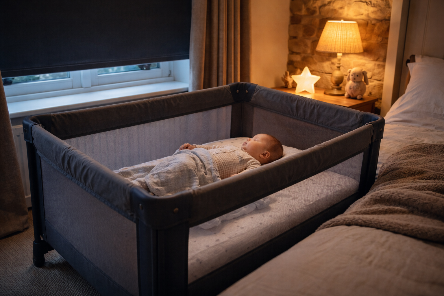 Baby sleeping safely in a travel cot in a UK holiday cottage bedroom