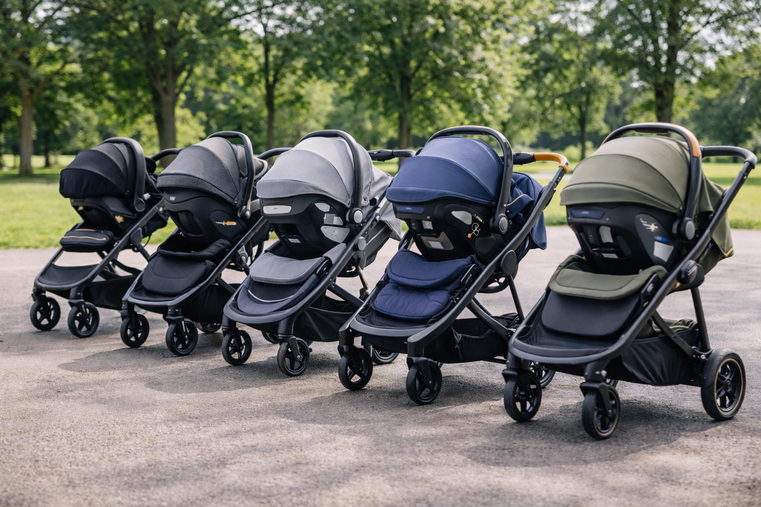 Parent comparing travel system pushchairs from different brands in a UK baby shop