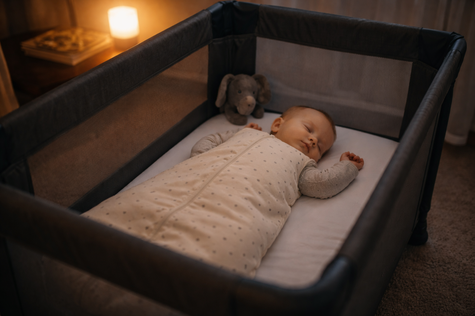 Baby sleeping safely in a travel cot in a UK holiday cottage, following safe sleep guidelines