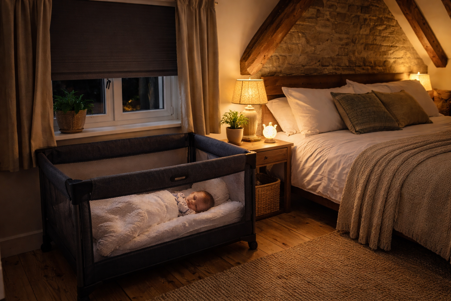 A compact travel cot set up neatly in a small cosy cottage bedroom beside the bed, soft nightlight glowing, blackout blind on the window