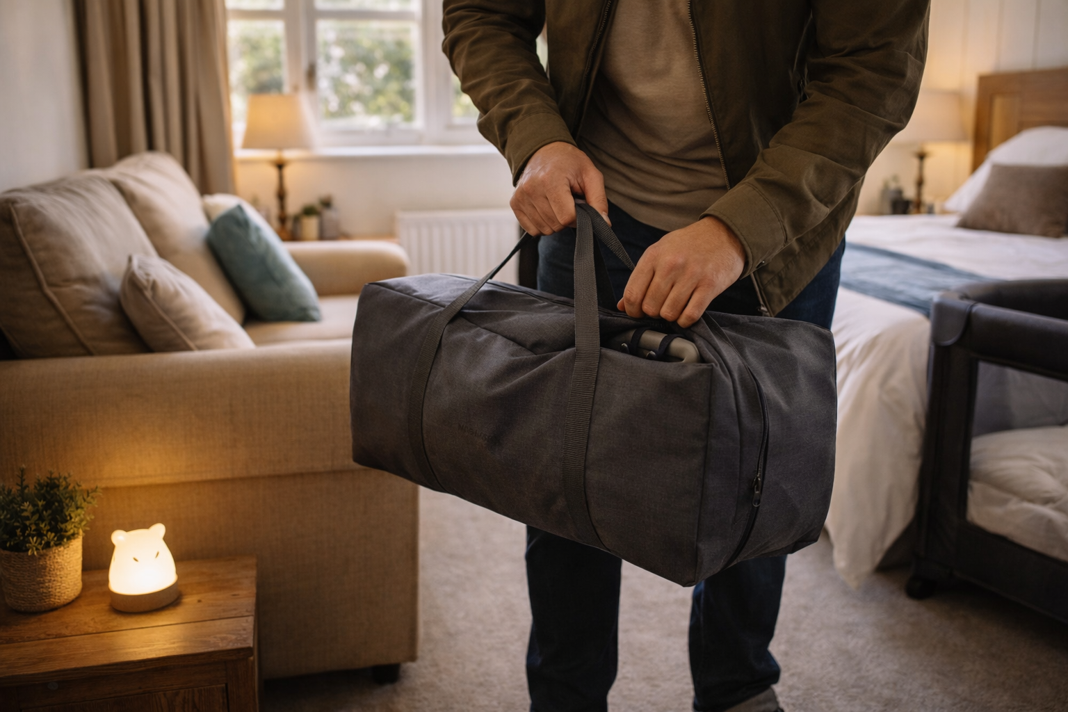 A parent folding down a compact lightweight travel cot into its carry bag in a hotel room, demonstrating the impressively small packed size