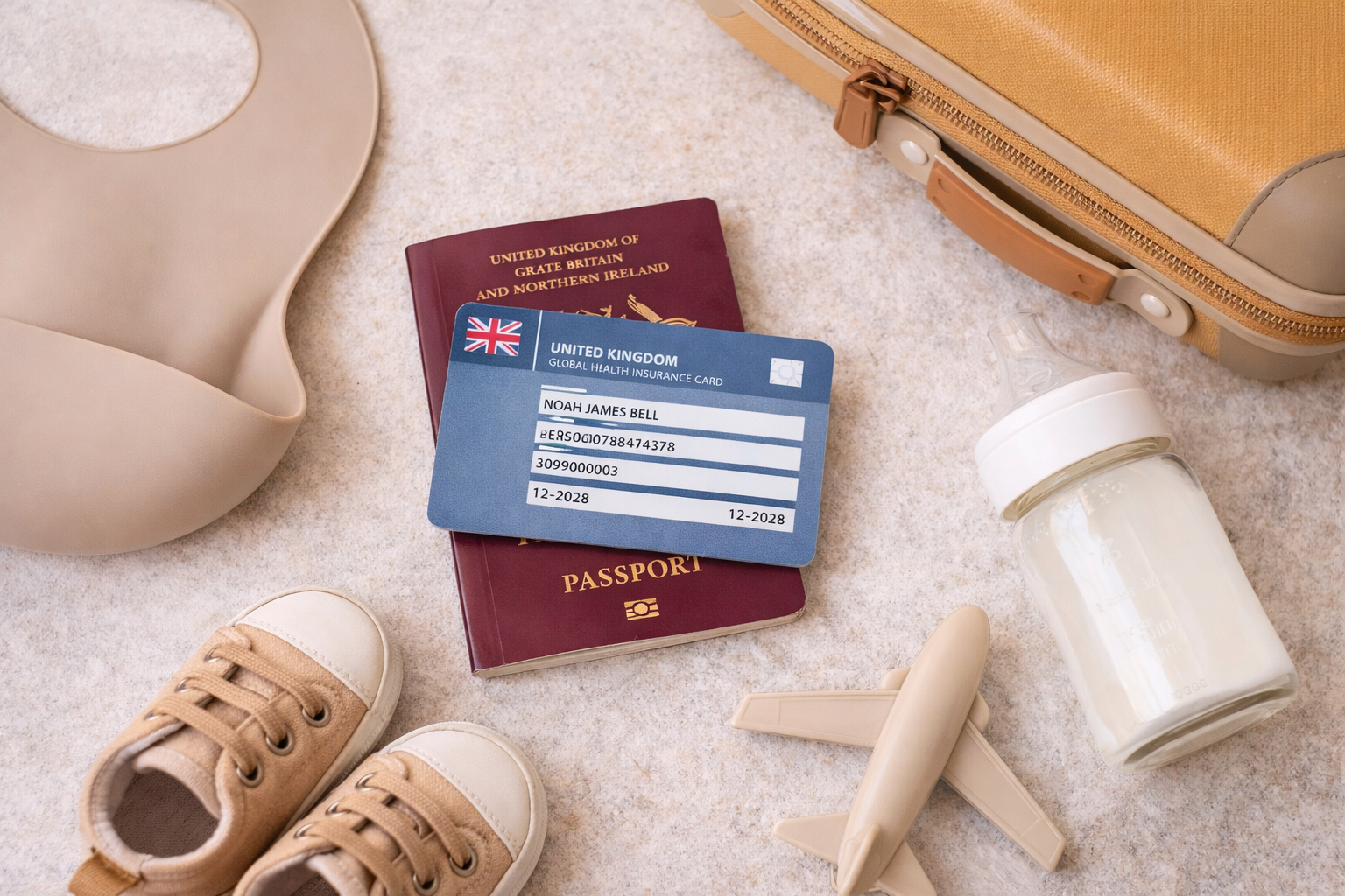 GHIC card and UK passport laid alongside baby travel essentials — sunscreen, boarding pass, and a small changing bag — on a clean flat surface