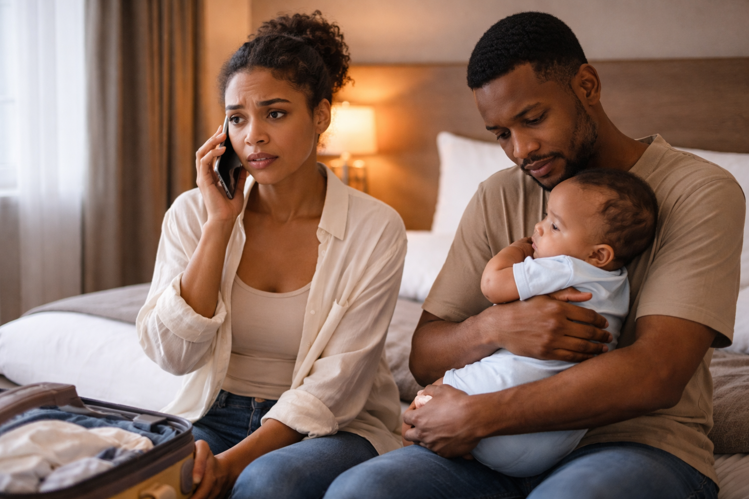 Parent on the phone in a hotel room looking concerned, second parent comforting a baby on the bed behind — showing the practical reality of needing travel insurance support abroad