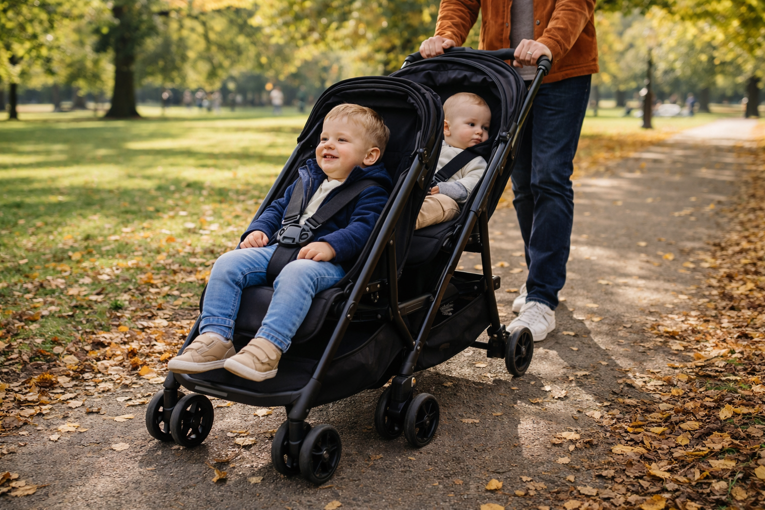 family using a double pushchair on a UK holiday with a toddler and baby