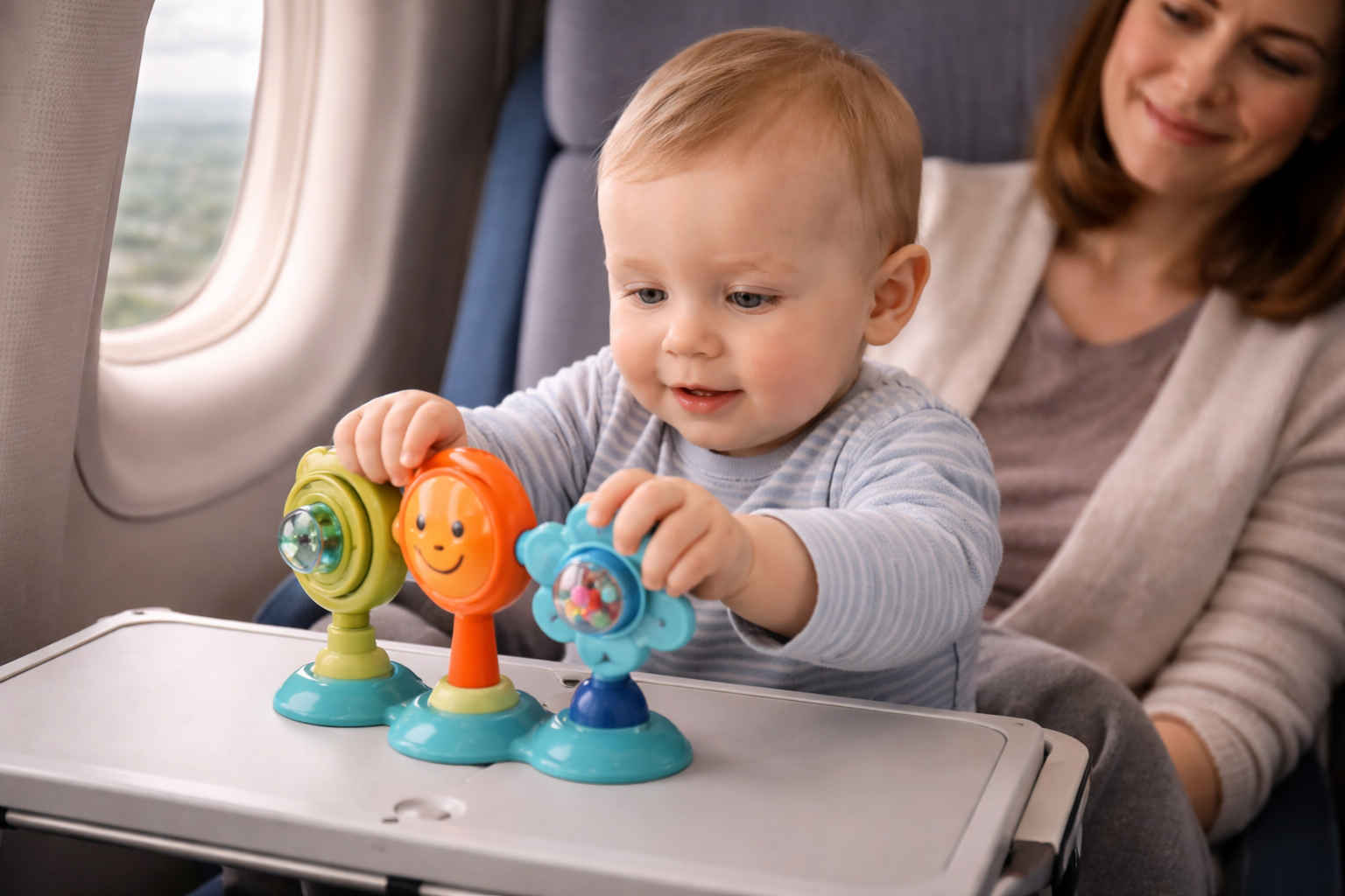 Baby on a plane engaged with a suction cup toy on the tray table, focused and entertained, parent visible in background looking relieved