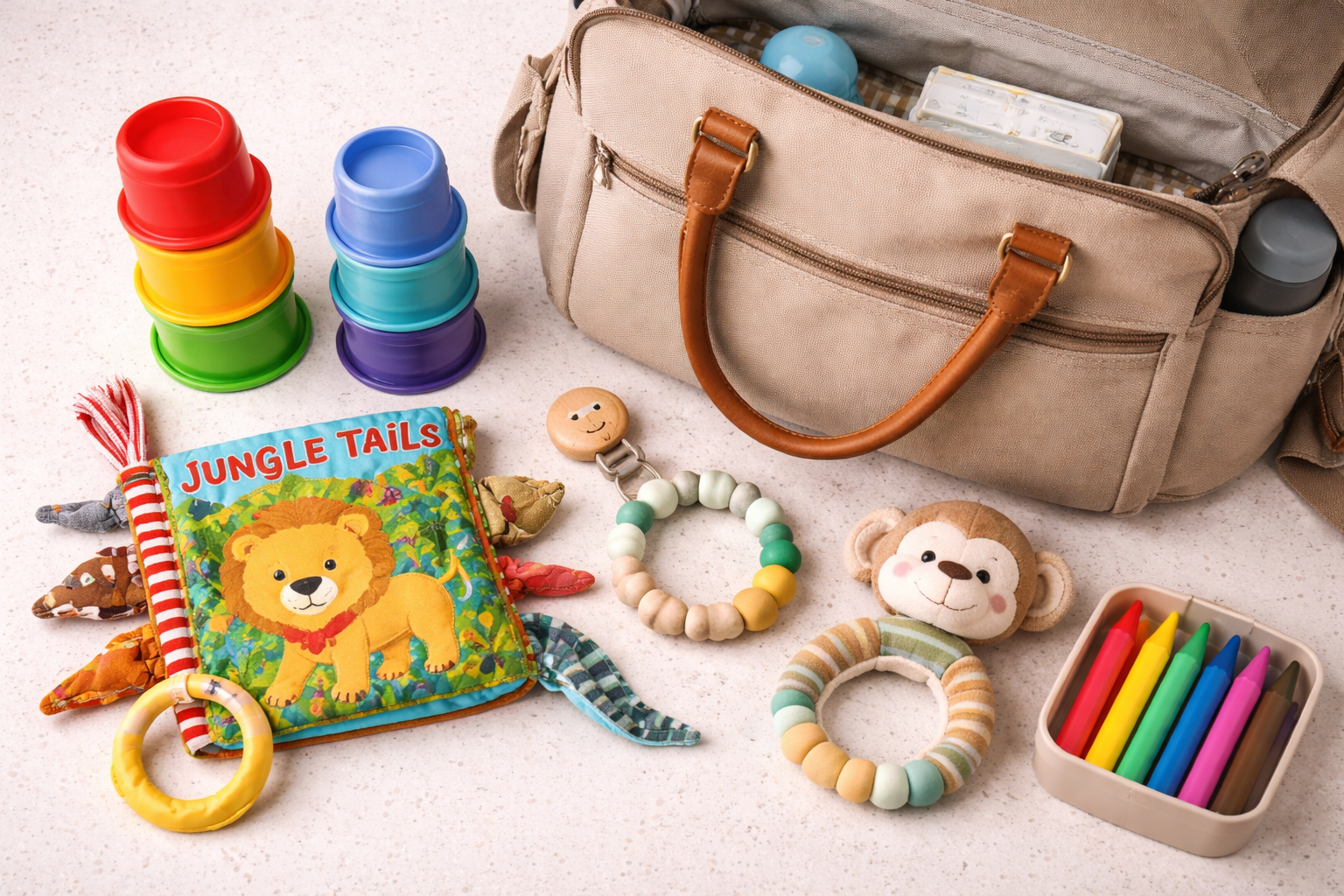 Flat-lay of a curated baby travel toy kit including stacking cups, crinkle book, teething ring on clip strap, soft rattle, and chunky crayons laid out around a changing bag