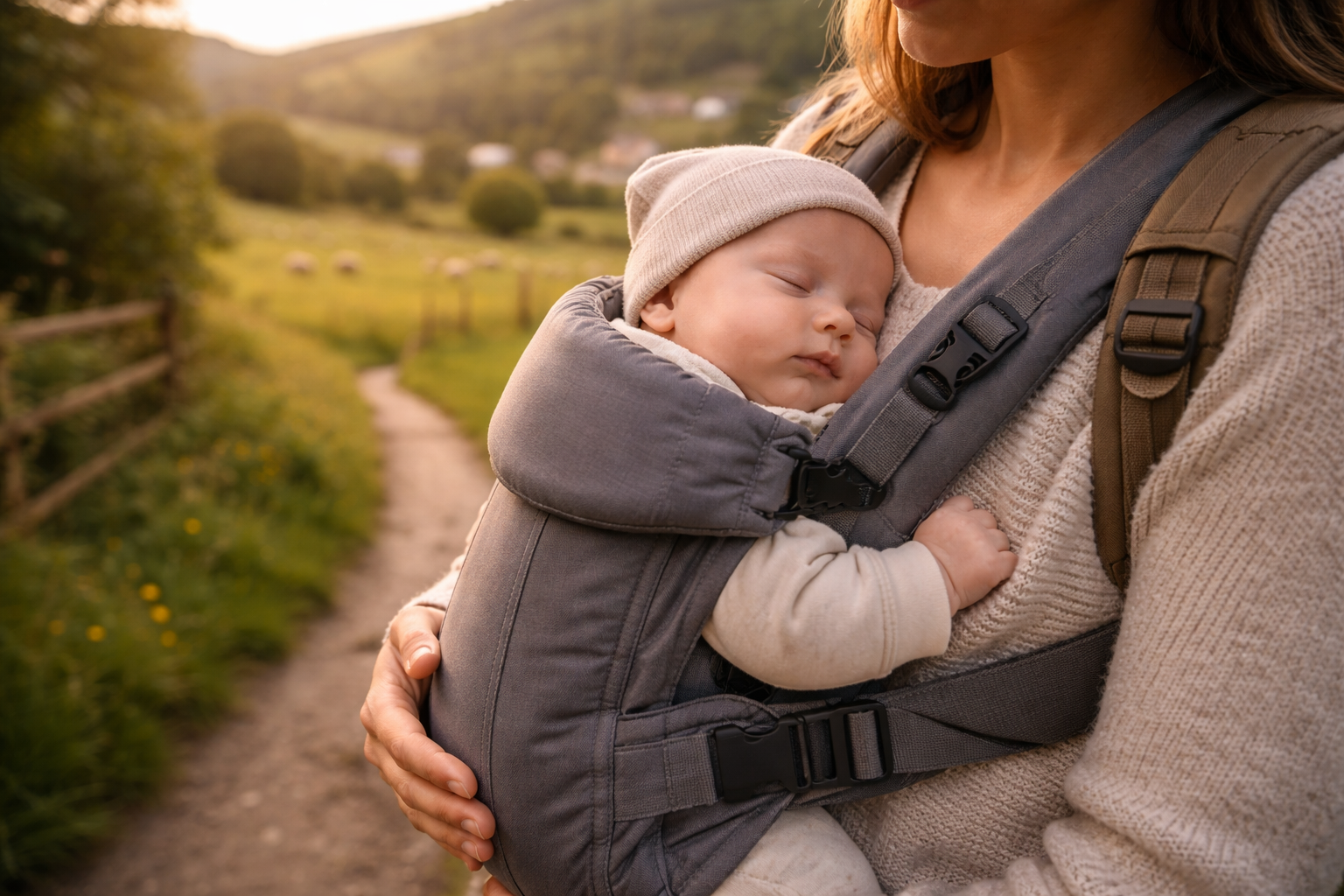A 3-month-old baby sleeping in a carrier on a parent's chest on a gentle UK countryside path — showing how portable this age is