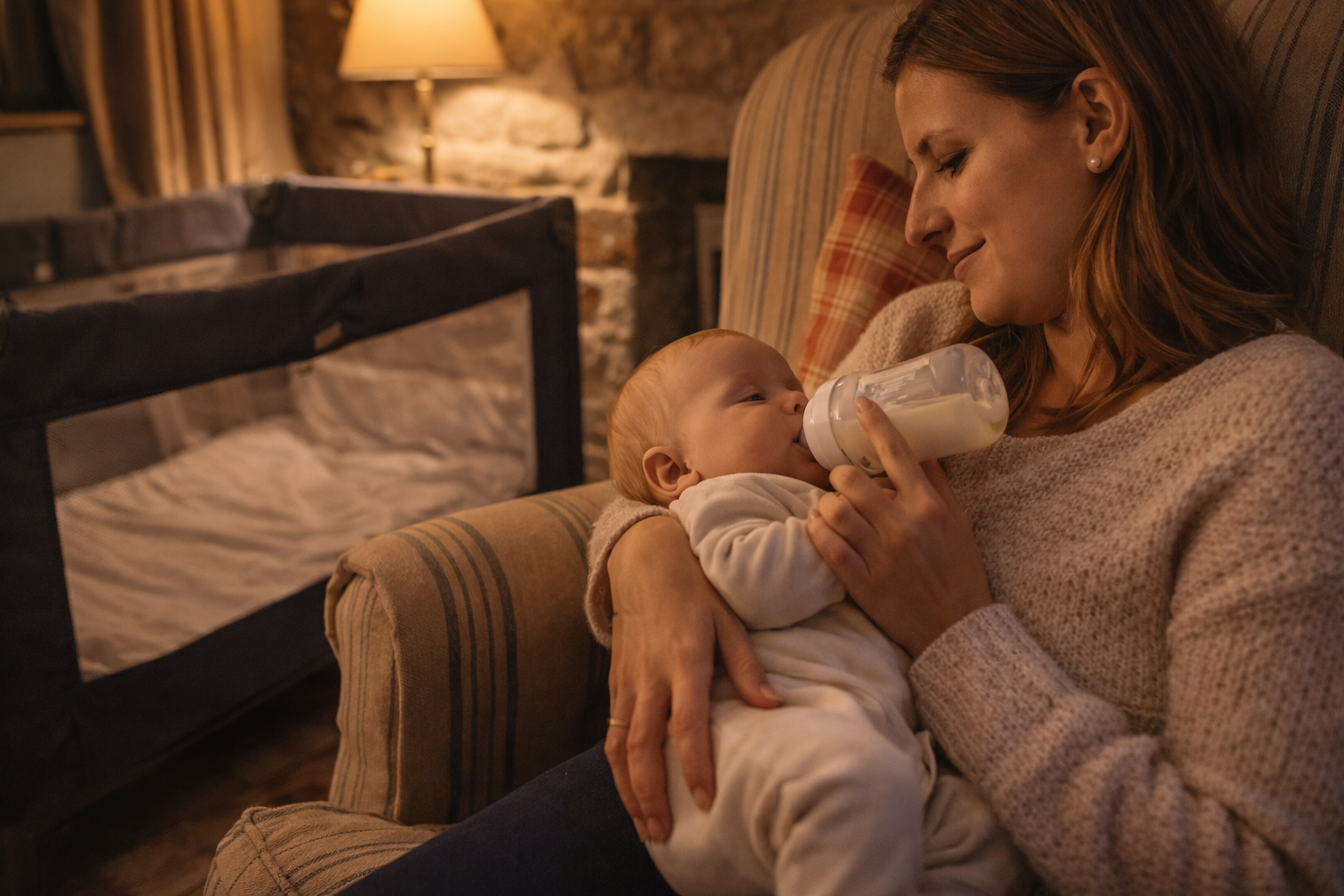A parent feeding a 3-month-old baby in a cosy cottage armchair with a travel cot visible in the background