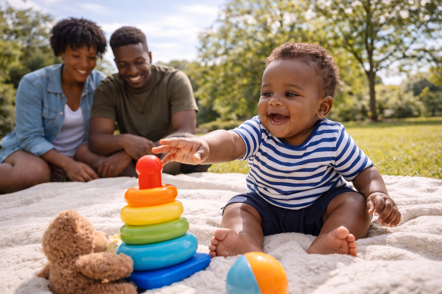 A happy 6-month-old baby sitting up on a blanket in a sunny UK garden, reaching for colourful toys, parents nearby smiling