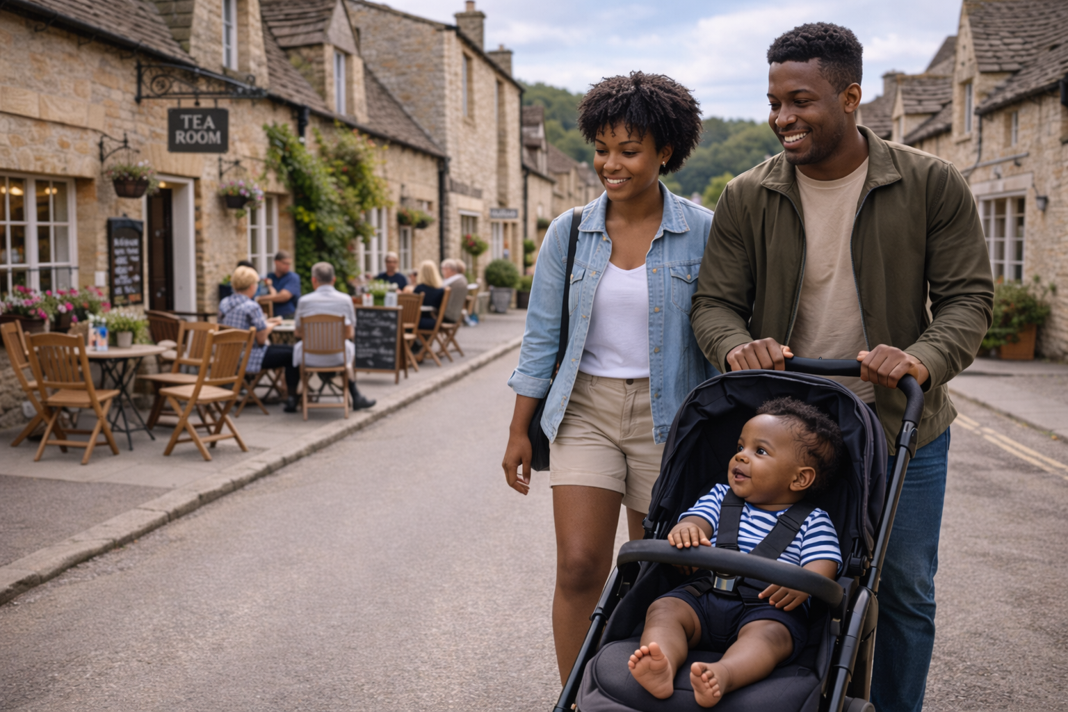 A family pushing a baby in a stroller along a charming UK village street with stone buildings and café tables outside, baby sitting up looking around with interest