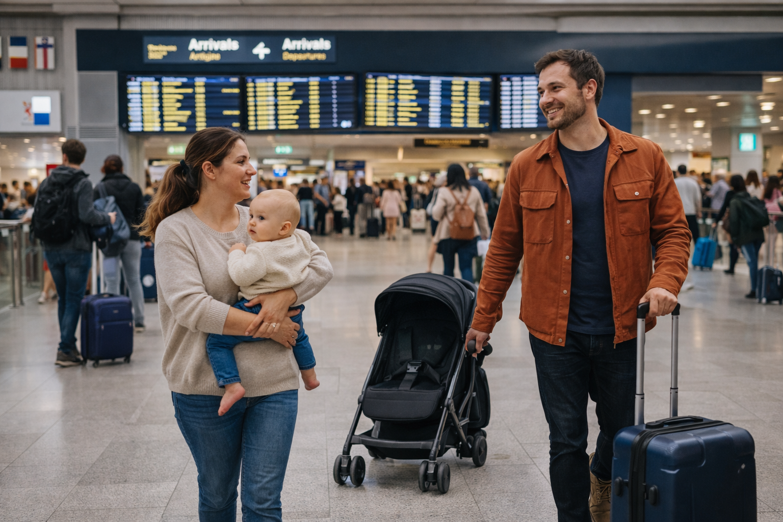 UK parent at airport with baby in carrier and travel gear, ready to travel abroad