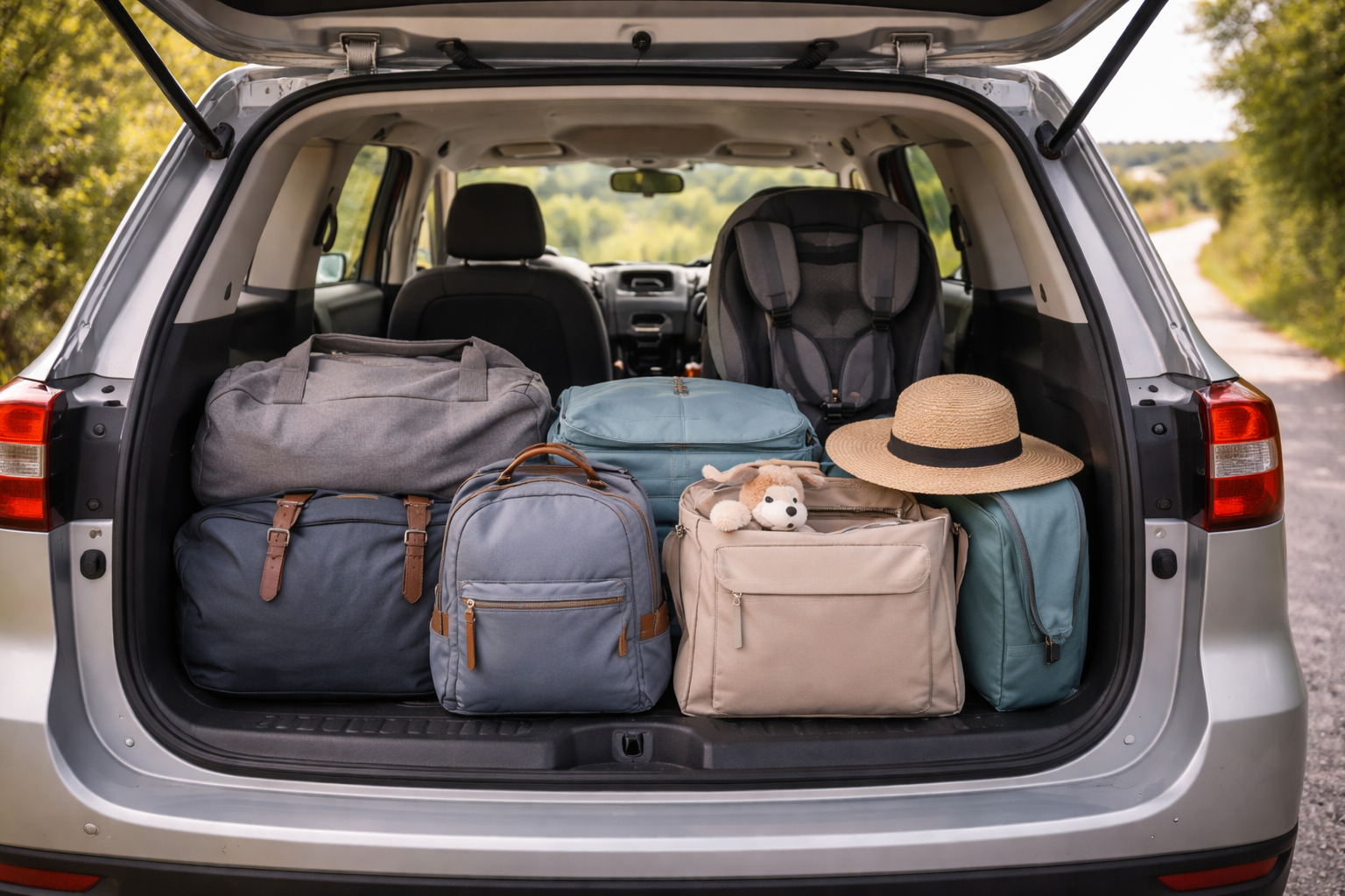 Family car boot open showing neatly loaded baby gear and bags, car seat visible in back window, UK countryside road stretching ahead