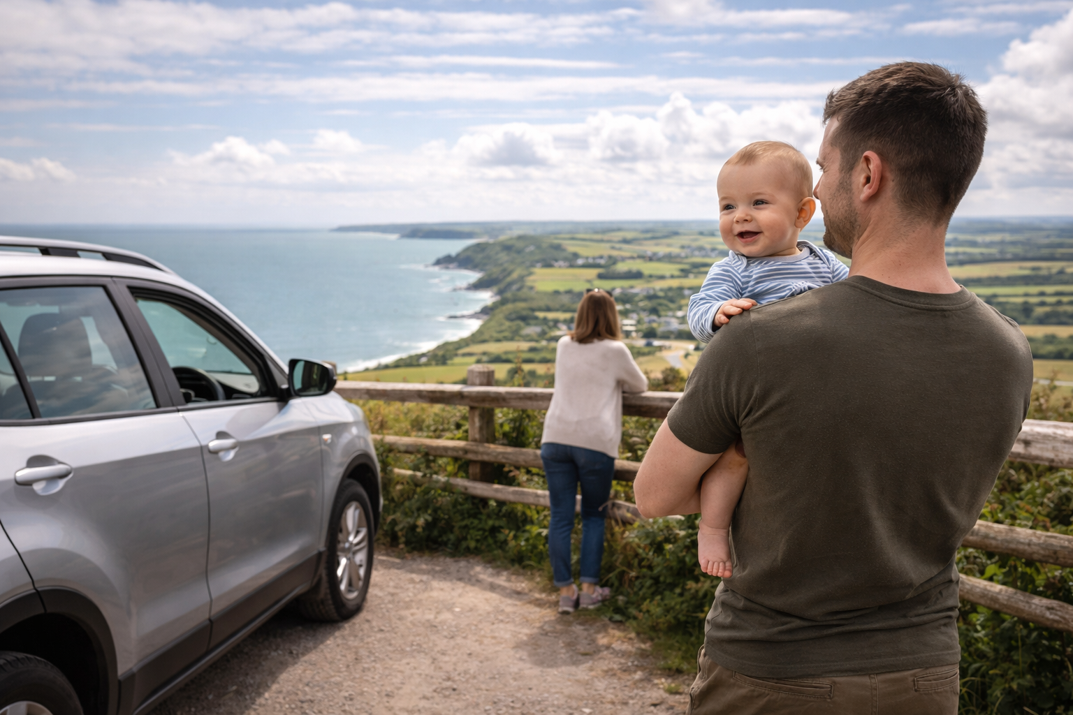 Parent holding baby at a scenic road trip stop overlooking green countryside valley, car parked nearby, mid-journey break