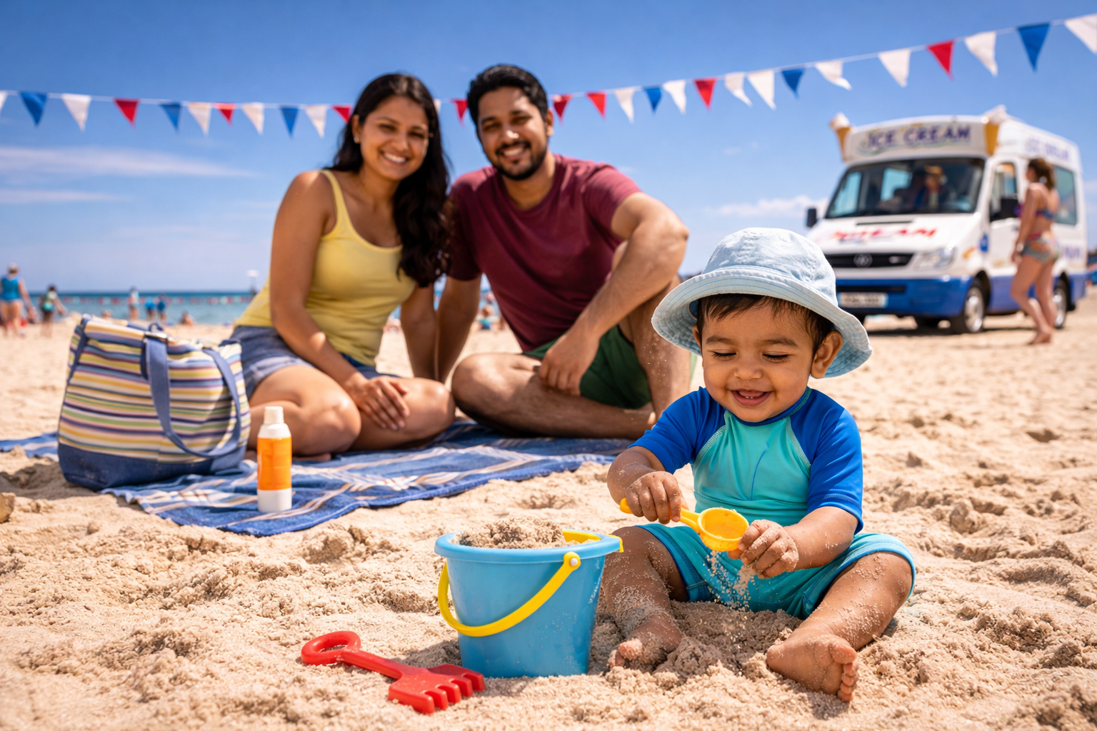 Family on a British sandy beach in summer — baby in sun hat playing with a bucket, parents relaxed nearby, blue sky and classic British seaside feel