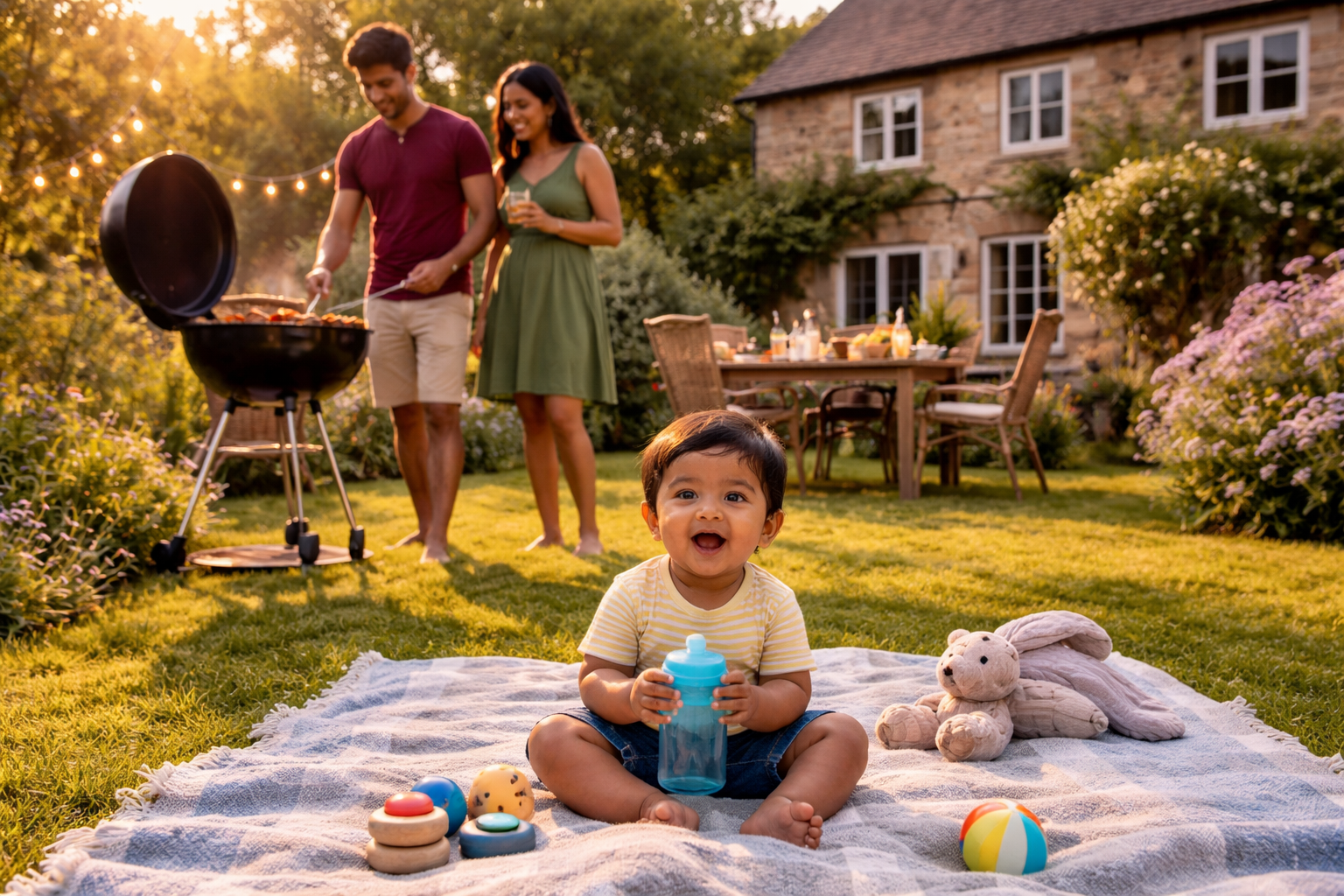 Family in a cottage garden in evening sunshine — baby on a blanket on the grass, BBQ visible, long summer shadows, quintessential British summer evening