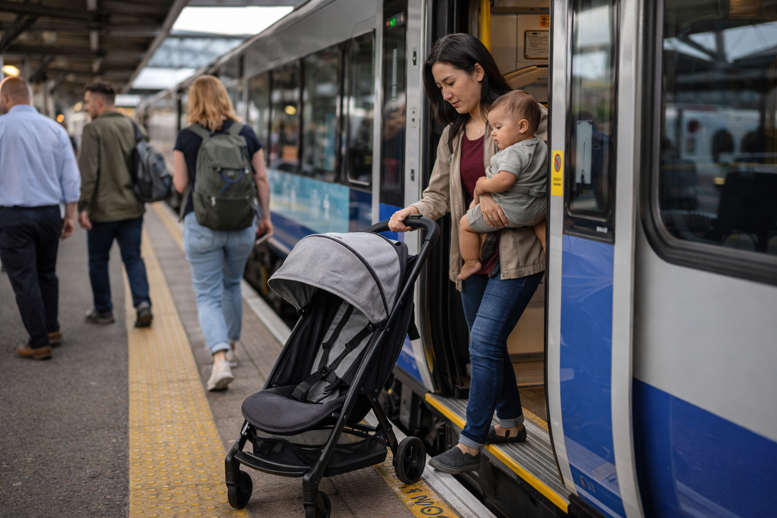A parent with a baby in arms and a compact stroller navigating the gap between a station platform and a modern UK train, other passengers visible in the background, realistic station setting