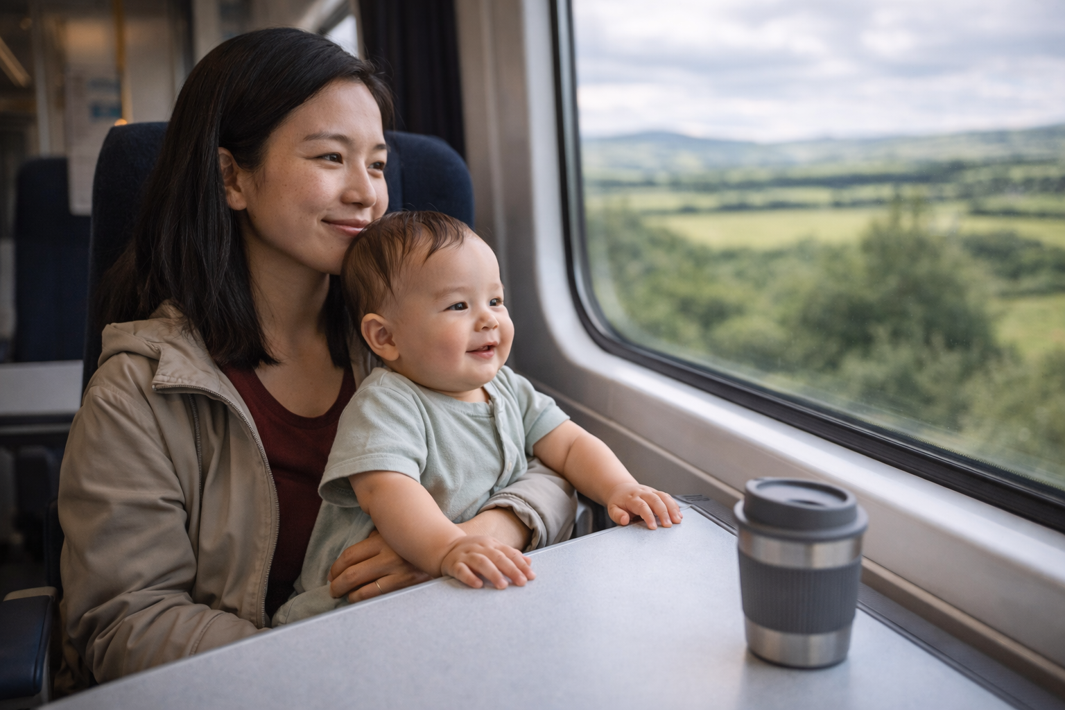 A parent and baby sitting at a table seat on a modern UK intercity train, baby on parent's lap looking out at countryside through the window, soft natural light, relaxed and content