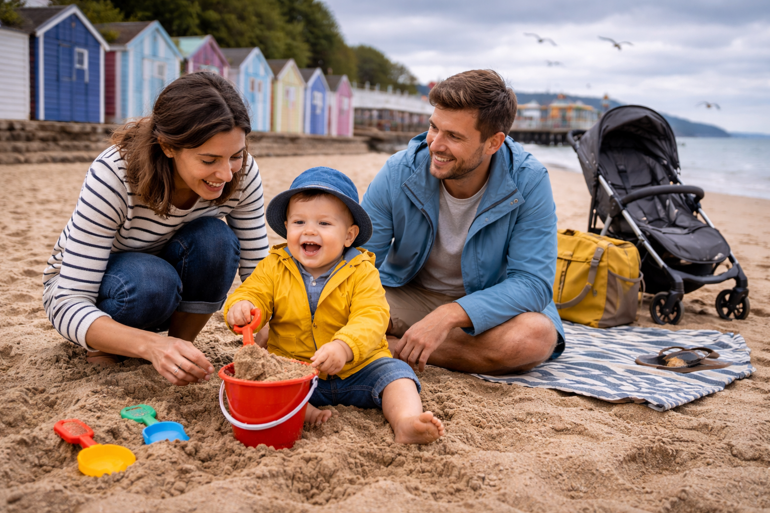 Family with baby pushchair on a UK sandy beach, sunshine and sea in the background
