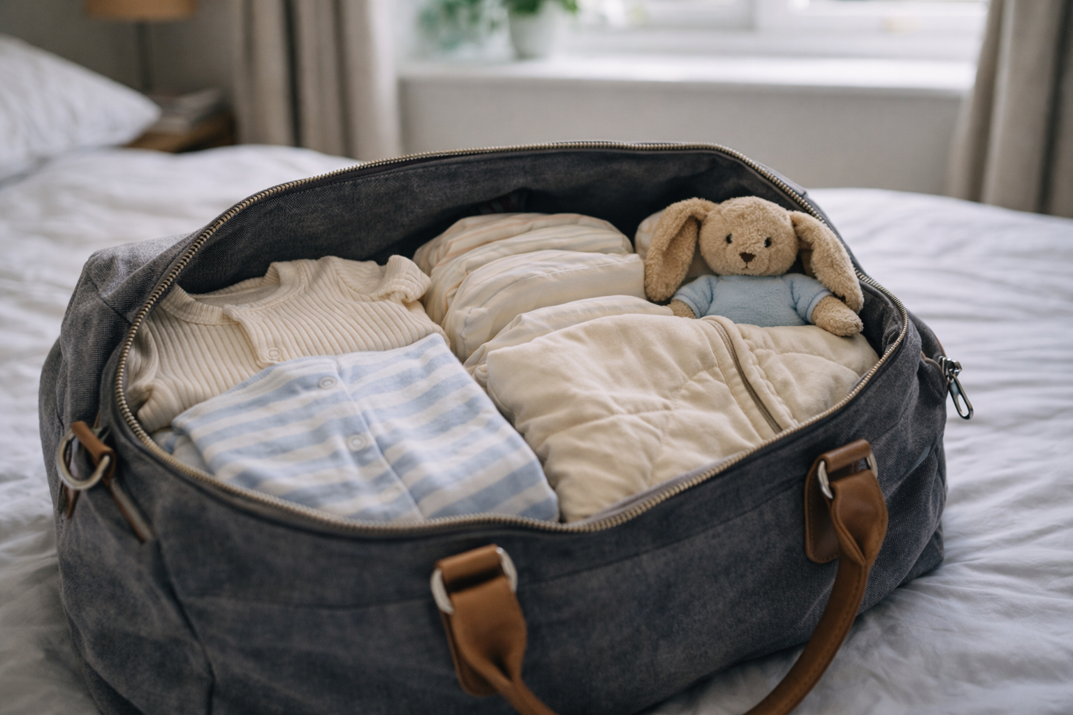 Parent packing a bag for a weekend trip with baby, surrounded by baby essentials on a bed