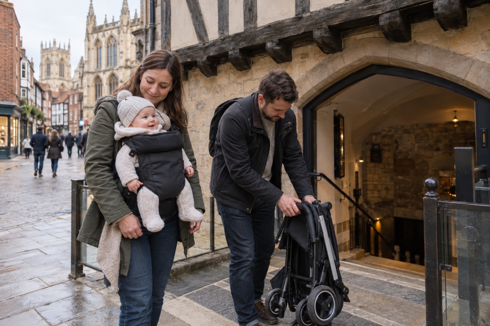 Parents carrying a baby beside a folded pushchair near an underground museum entrance in historic York