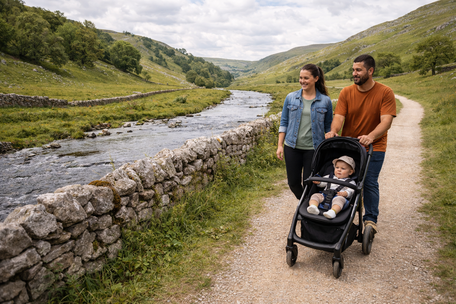 A family walking along a flat riverside path in the Yorkshire Dales — dry stone walls, green hills, the river Wharfe visible, baby in a stroller, peaceful and uncrowded