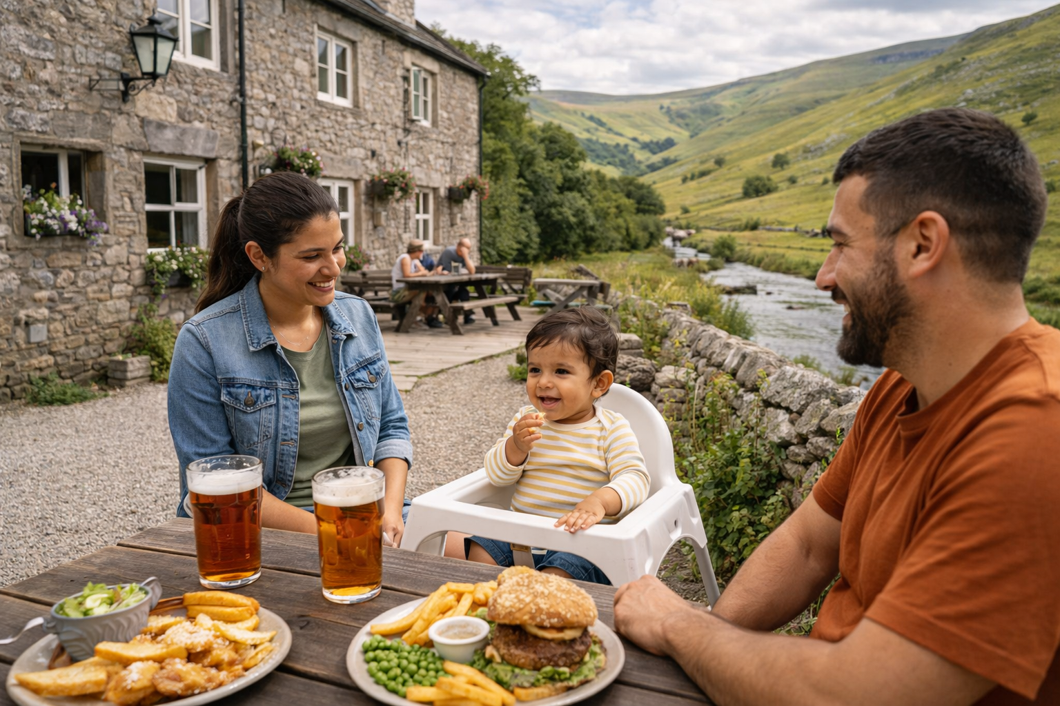 A family outside a traditional Yorkshire Dales stone pub — baby in a highchair at an outdoor table, rolling green Dales hills behind, pints and food on the table