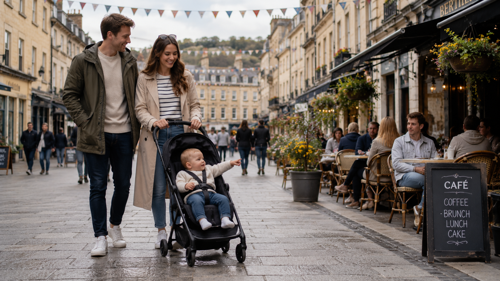 A parent pushing a baby in a pram along an attractive pedestrianised UK city street lined with cafés