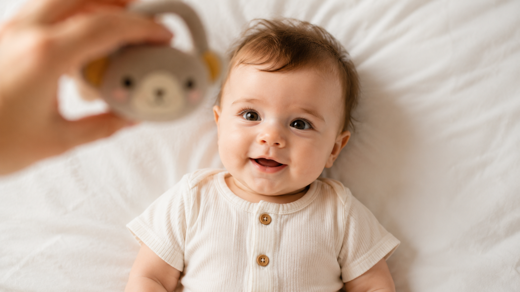 A baby lying on a plain light sheet being photographed from above for a passport photo