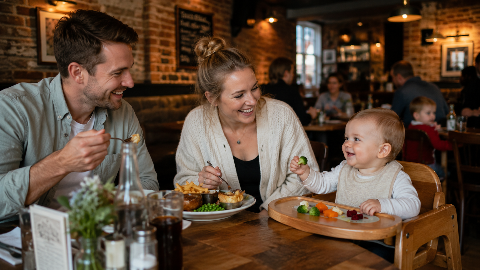 A baby in a restaurant highchair happily eating finger food while parents relax at the table