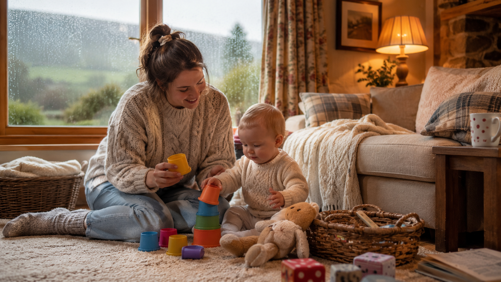 A baby playing happily indoors on a rainy holiday day while rain runs down the cottage window behind