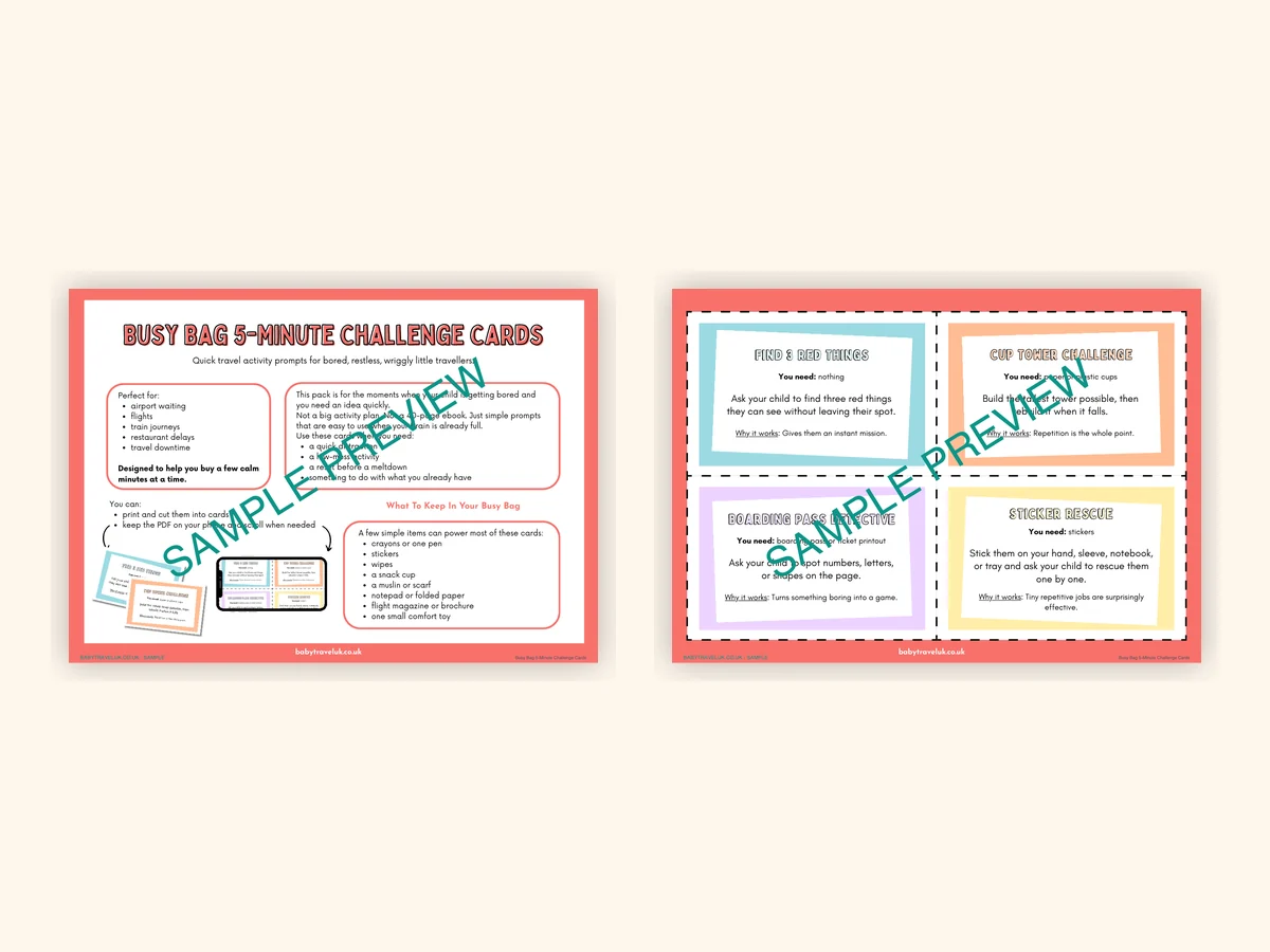 Watermarked sample pages from the Busy Bag 5-Minute Challenge Cards