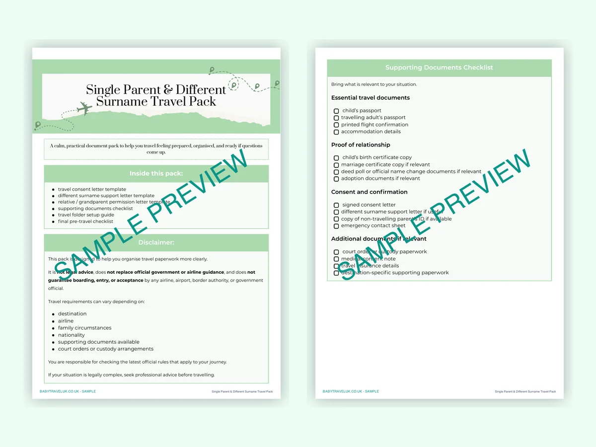 Watermarked sample pages from the Single Parent and Different Surname Travel Pack